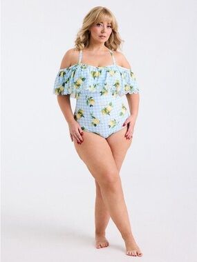 Torrid Retro Cold-Shoulder Blue Gingham Lemon One-Piece Swimsuit Size 0X